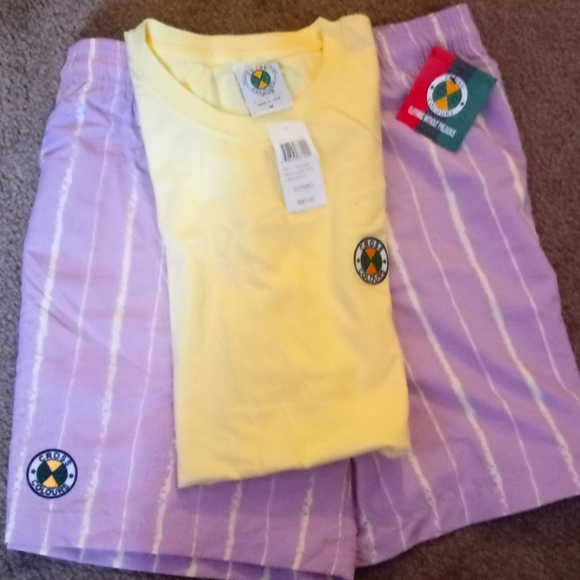 Cross Colours Yellow T-Shirt With Purple Striped Crew Neck Short Sleeve Shirt - Picture 1 of 4